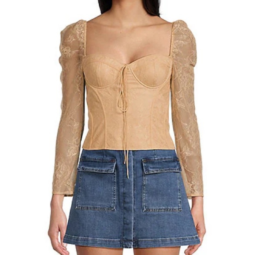 Chelsea & Violet Lace-Sleeve Corset Top in Nude